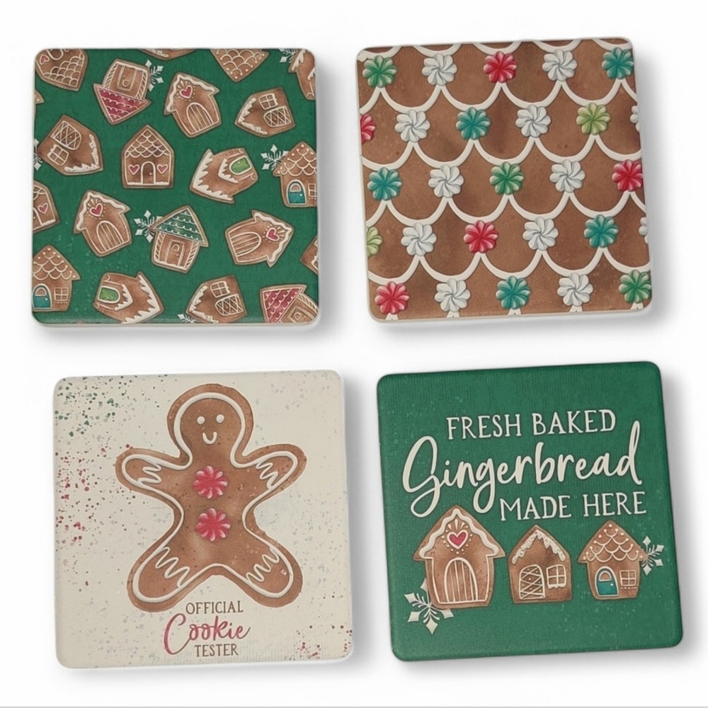 Gingerbread Man, House, Icing Christmas Slate Cork Drink Coaster Set‎ Green